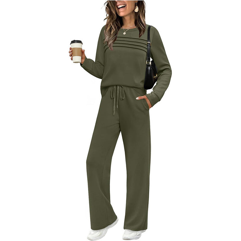 Bequemes und stilvolles Damen-Set – Rundhals-Shirt + Kordelzughose