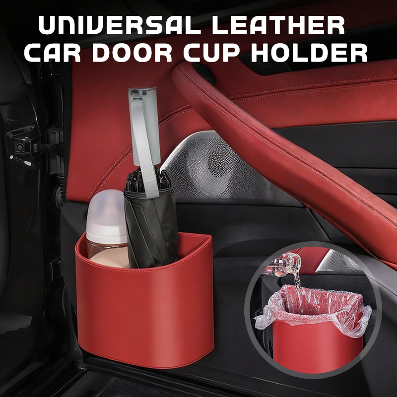 Leder Auto-Tür Getränkehalter – Breite Öffnung, einfacher Zugriff für Getränke & Handy. Clip-on sichere Passform. PU-Leder, robust & stilvoll.