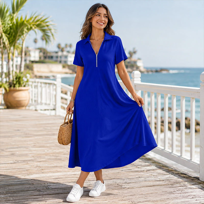 Damen Casual Einfarbiges Reißverschluss Maxikleid
