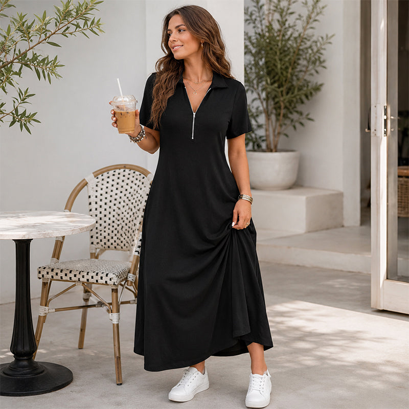 Damen Casual Einfarbiges Reißverschluss Maxikleid
