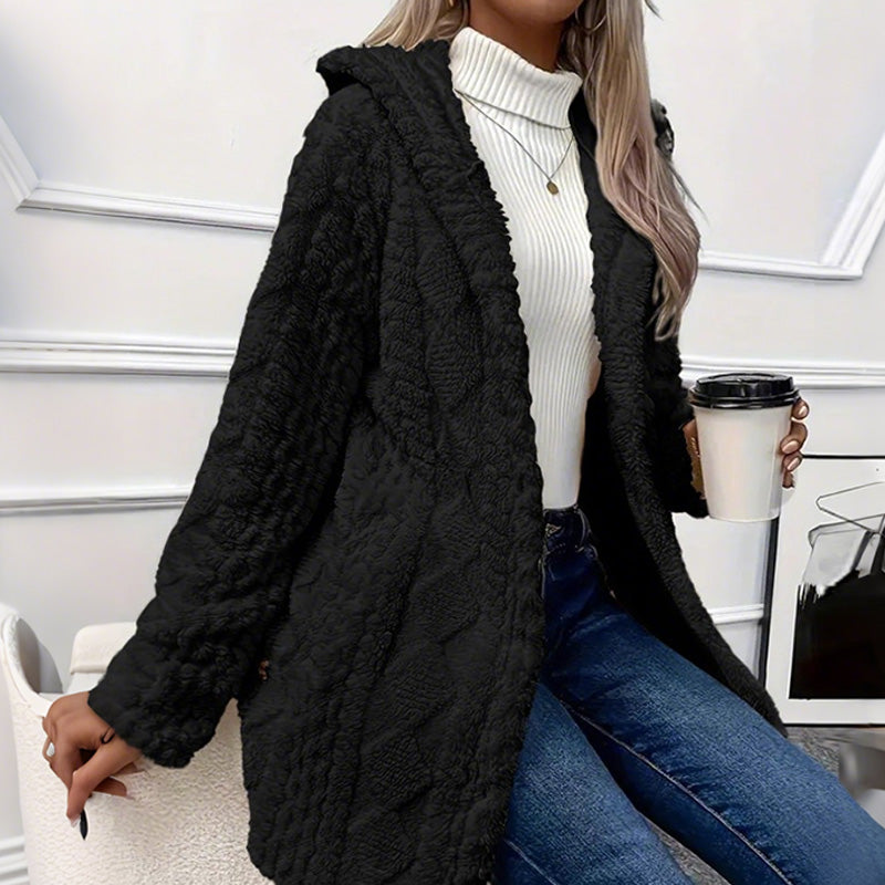 Damen-Kapuzenjacke aus Plüschfleece mit Knöpfen
