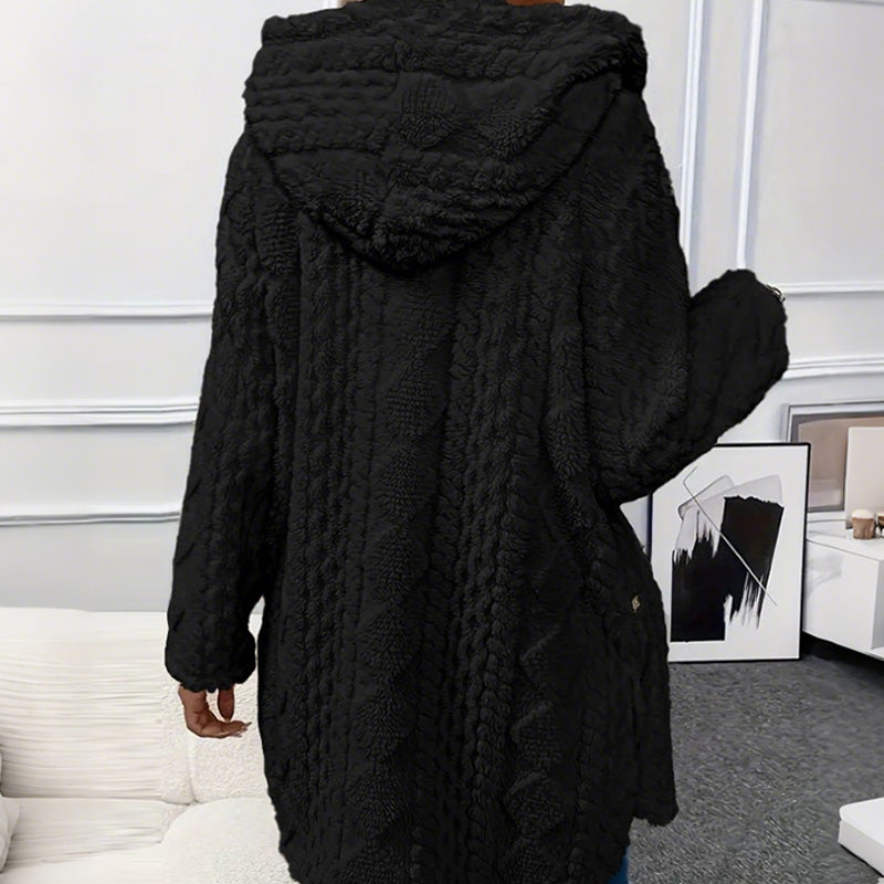Damen-Kapuzenjacke aus Plüschfleece mit Knöpfen