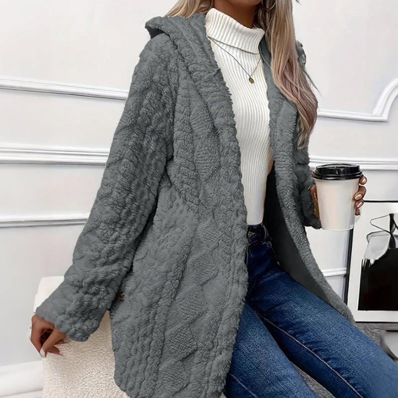 Damen-Kapuzenjacke aus Plüschfleece mit Knöpfen