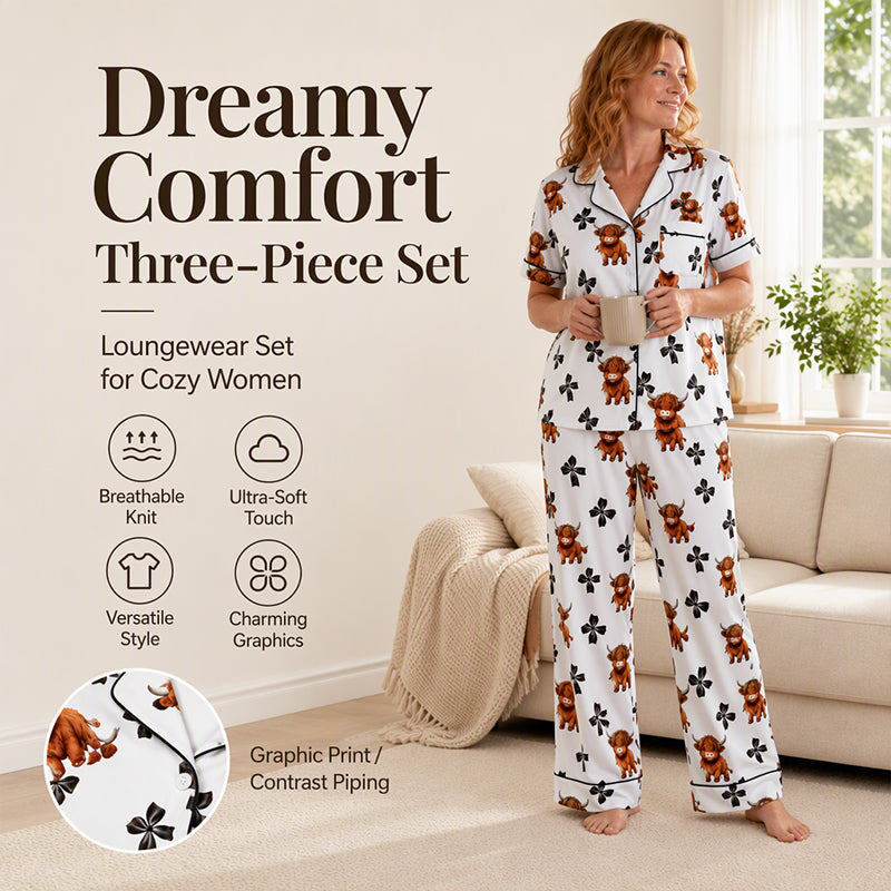 Damen Highland-Kuh-Print 3-teiliges Pyjama-Set