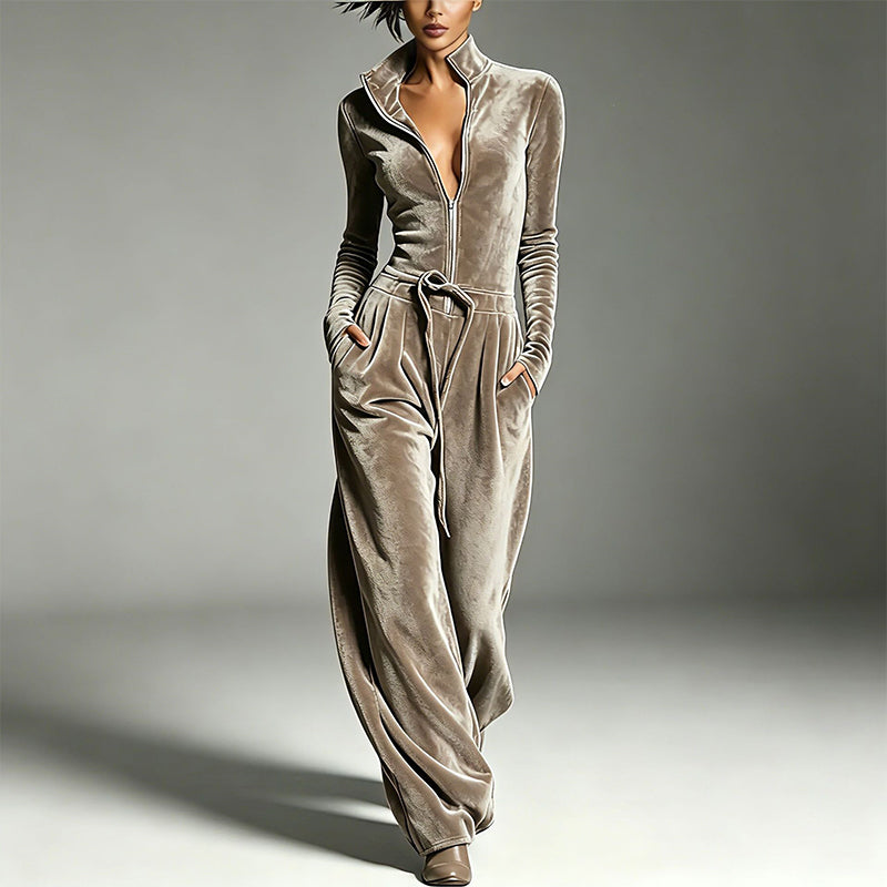 Damen Schicker Samt-Overall mit Stehkragen