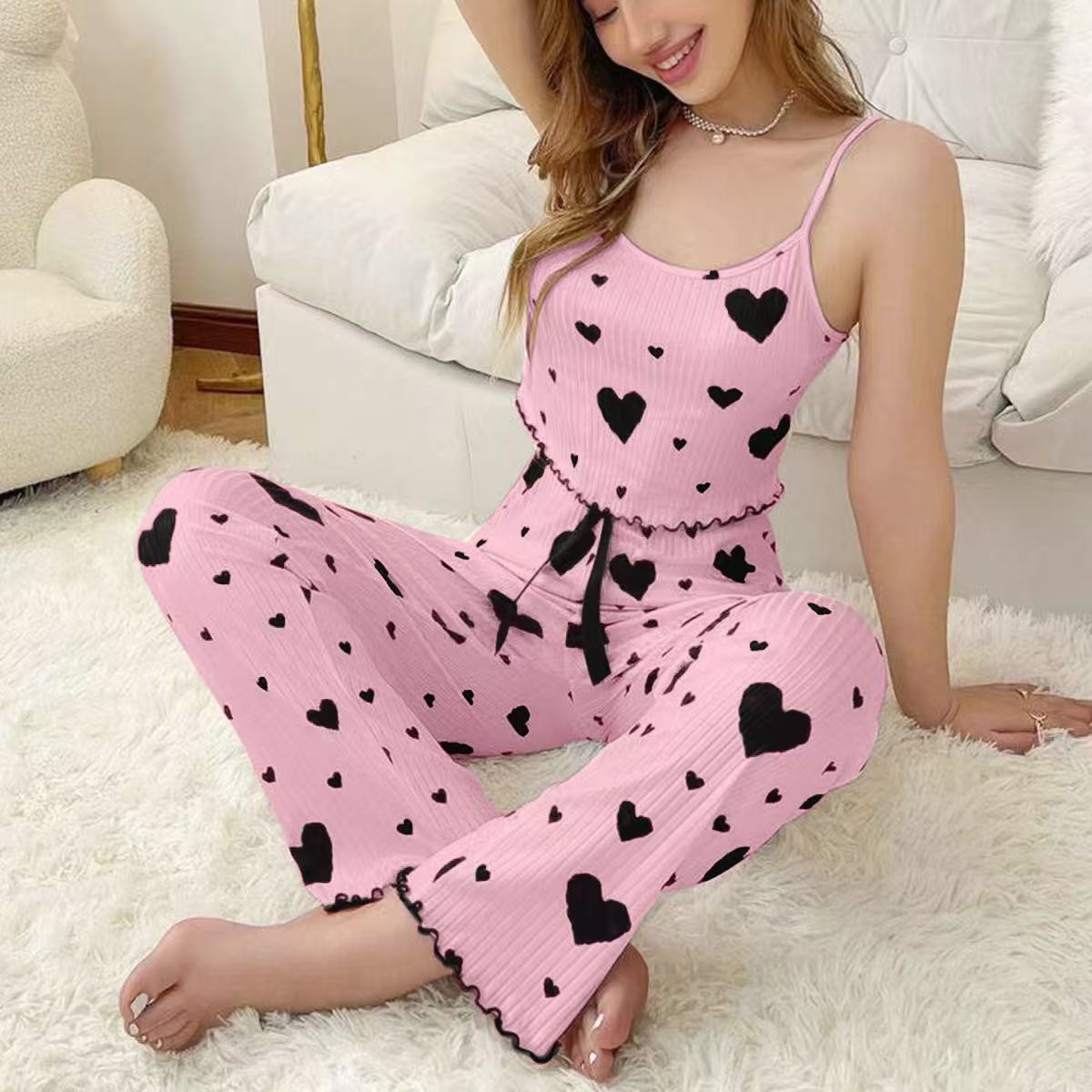 Damen 2-teiliges geripptes Pyjama-Set Herzdruck Camisole-Top und lange Hose Loungewear
