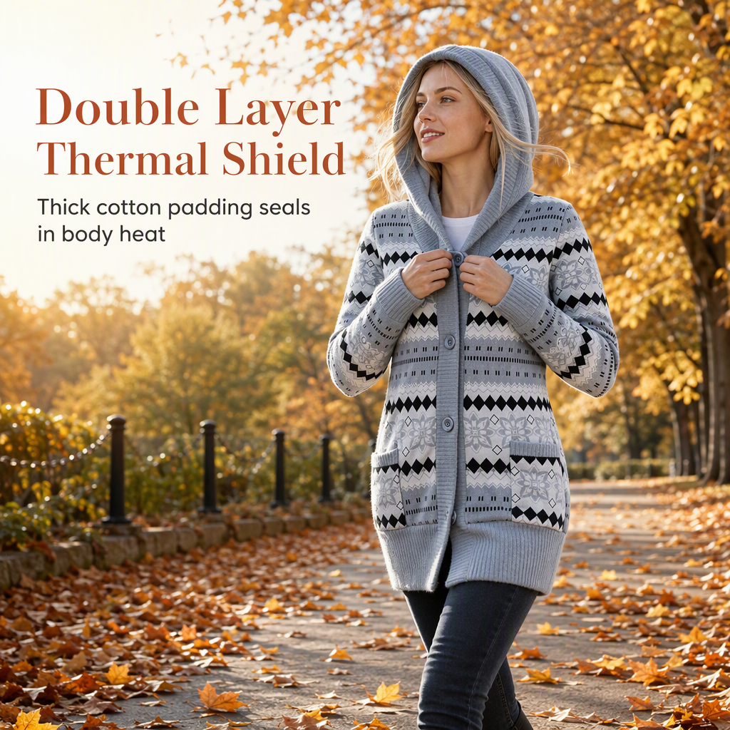 Damen-Strickjacke mittellang mit Kapuze und Baumwollfutter