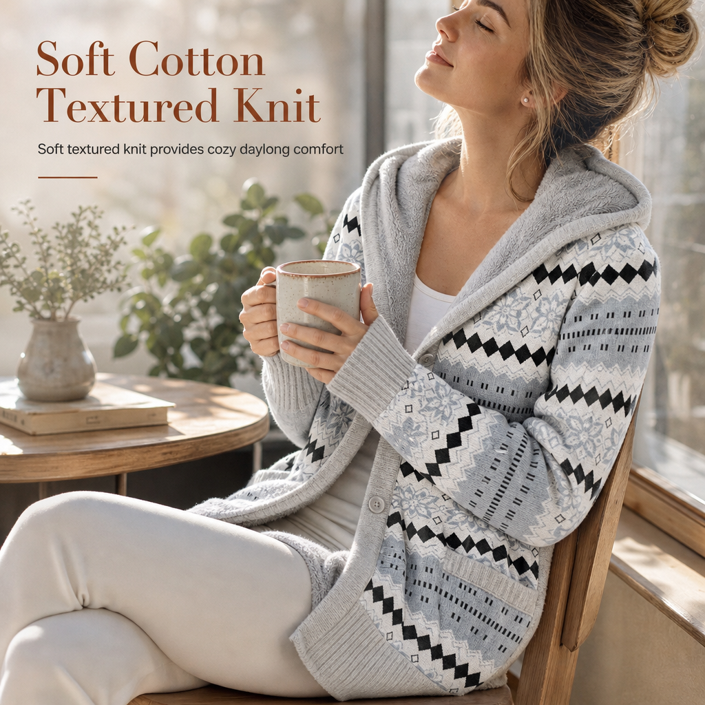 Damen-Strickjacke mittellang mit Kapuze und Baumwollfutter