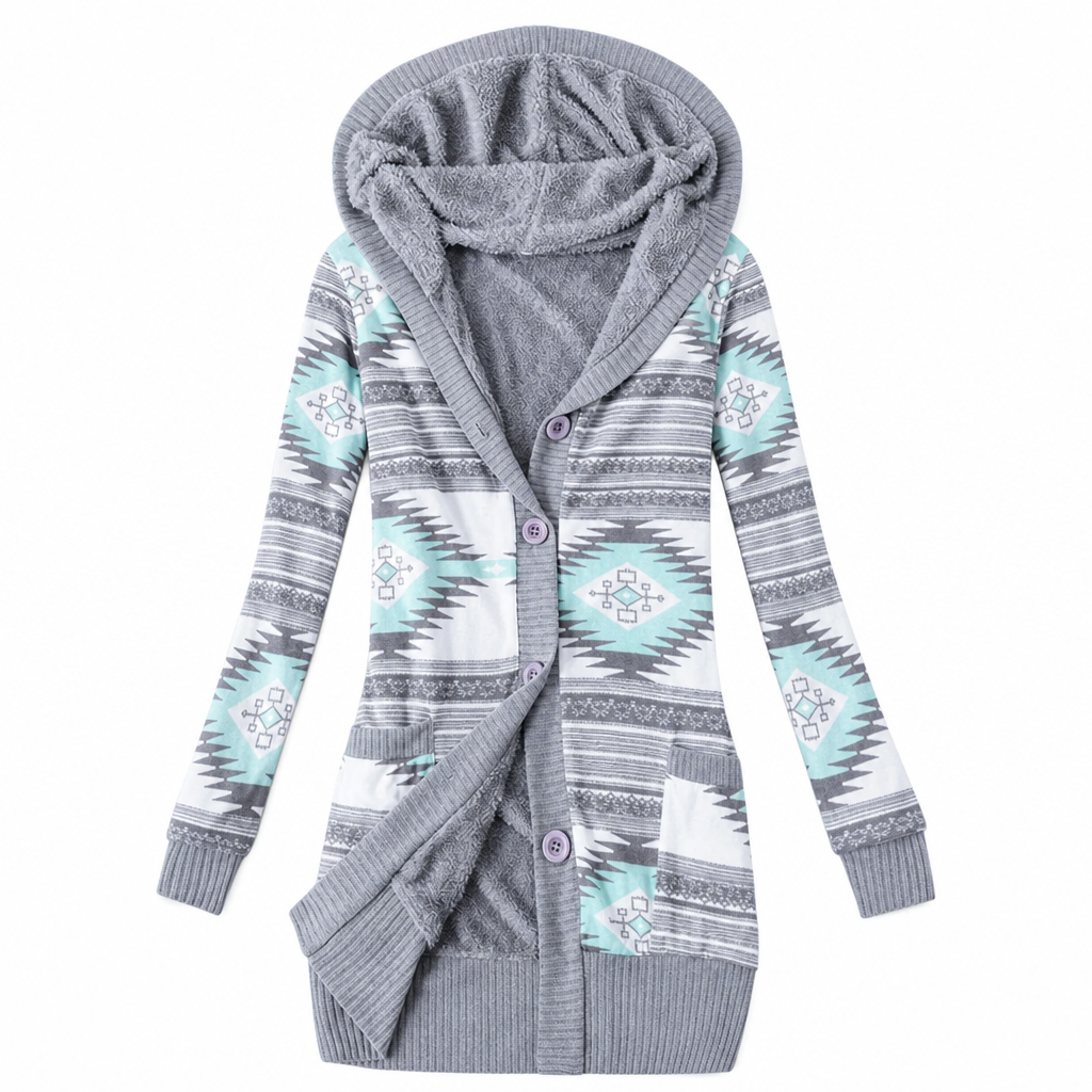 Damen-Strickjacke mittellang mit Kapuze und Baumwollfutter
