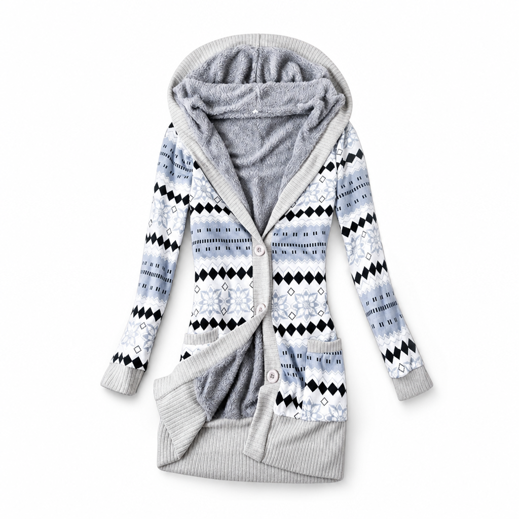 Damen-Strickjacke mittellang mit Kapuze und Baumwollfutter