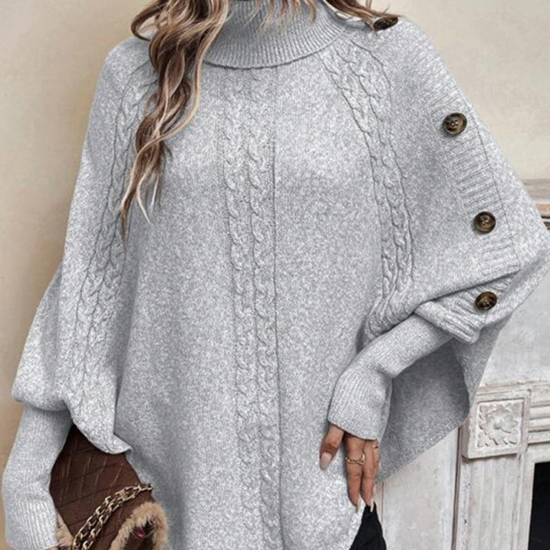 Eleganter Pullover-Poncho für Damen mit Rollkragen und asymmetrischem Saum