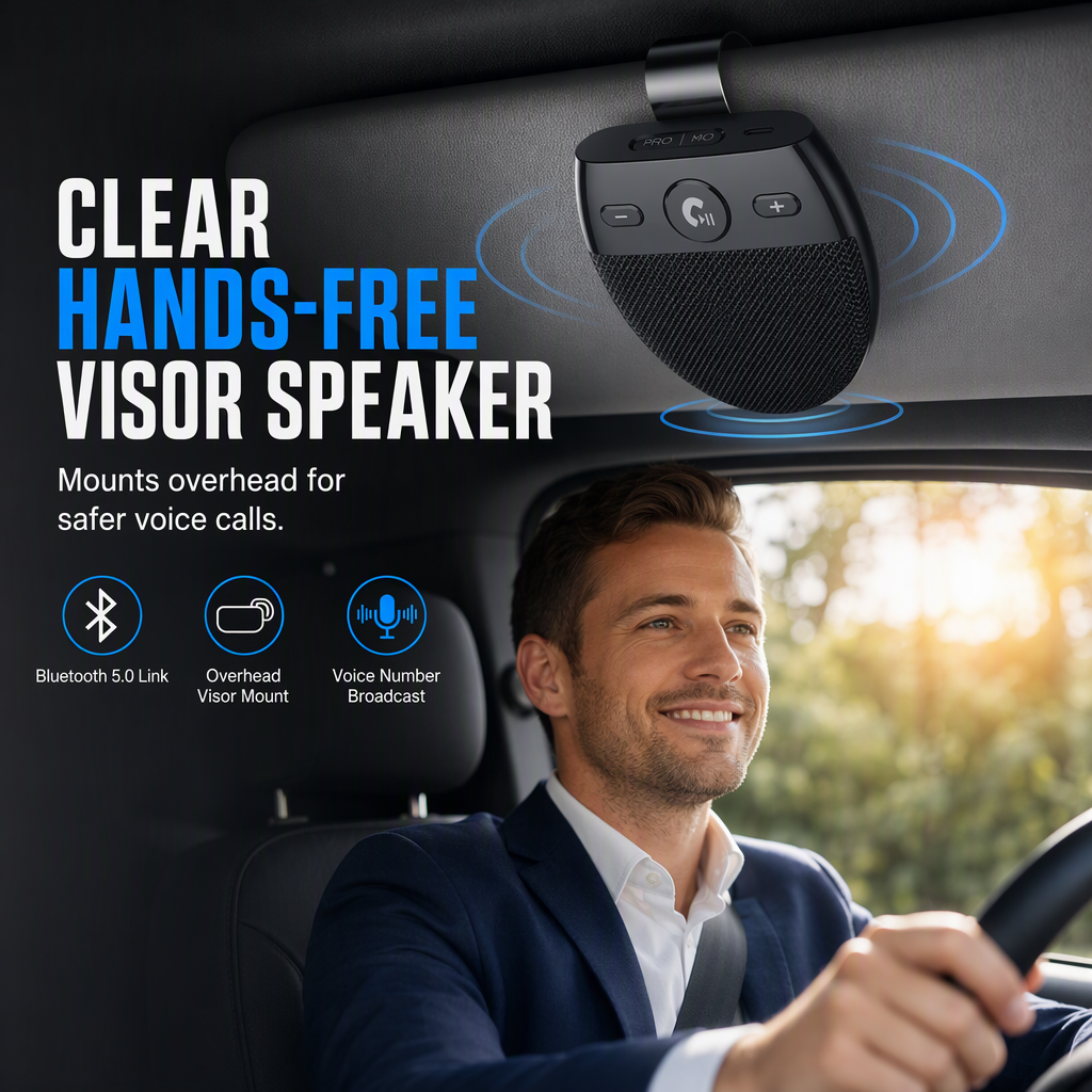 Bluetooth Freisprecheinrichtung SP11 für Sonnenblende mit automatischer Aktivierung durch Vibration, A2DP-Unterstützung und Sprachansage der Anrufernummer
