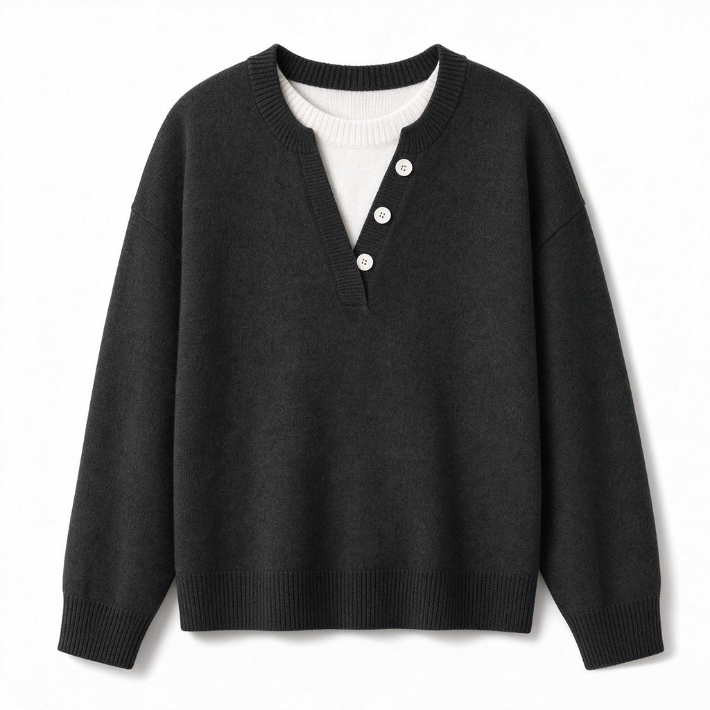 Mock Zweiteiliger V-Ausschnitt Gestrickter Pullover mit Knopfdetails