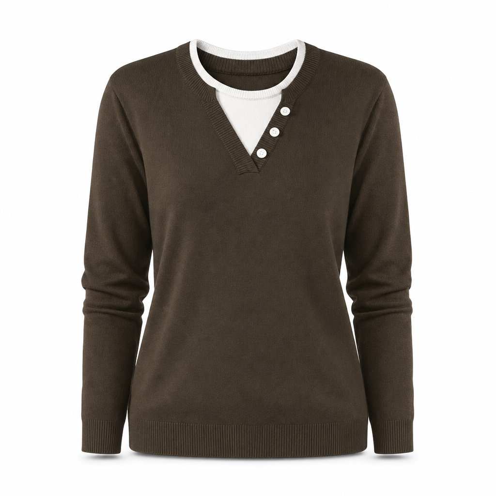 Mock Zweiteiliger V-Ausschnitt Gestrickter Pullover mit Knopfdetails