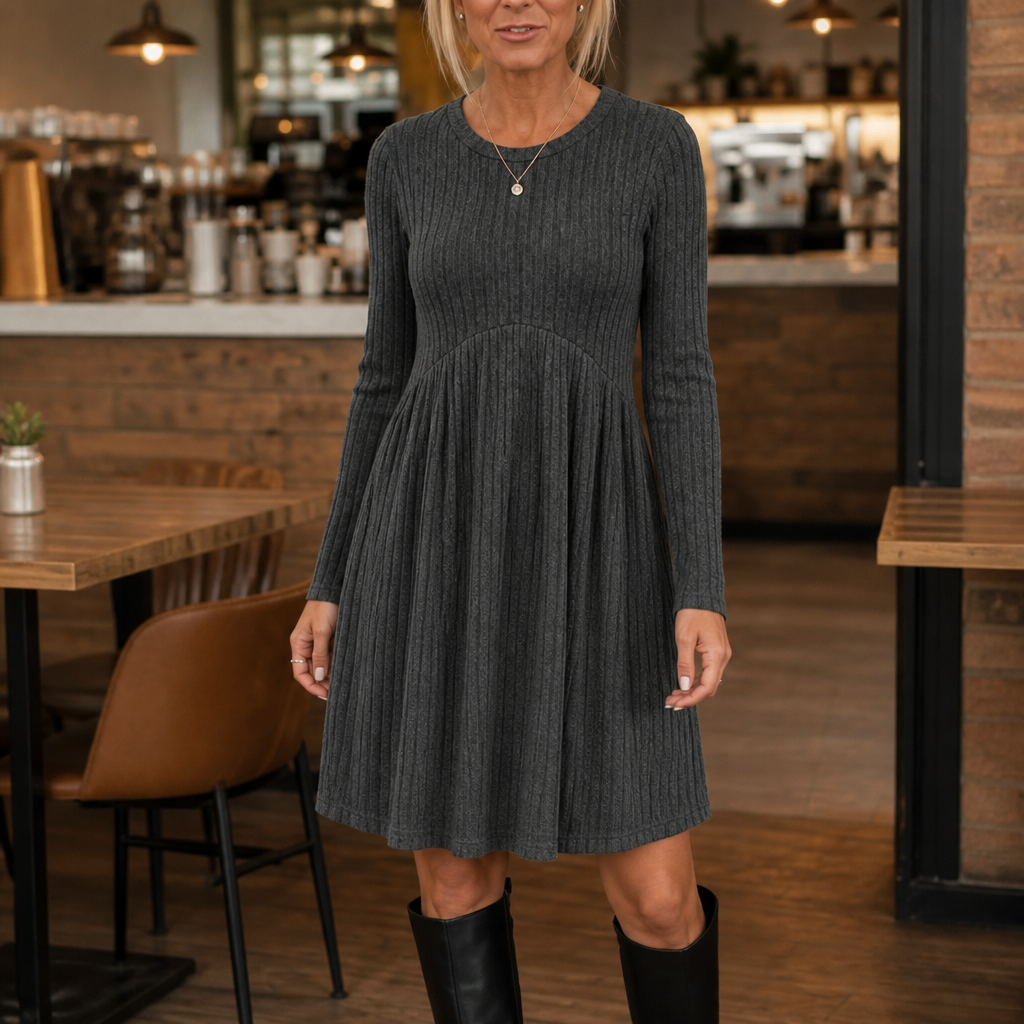 High-Waist Geripptes Strick-A-Linien-Midi-Kleid