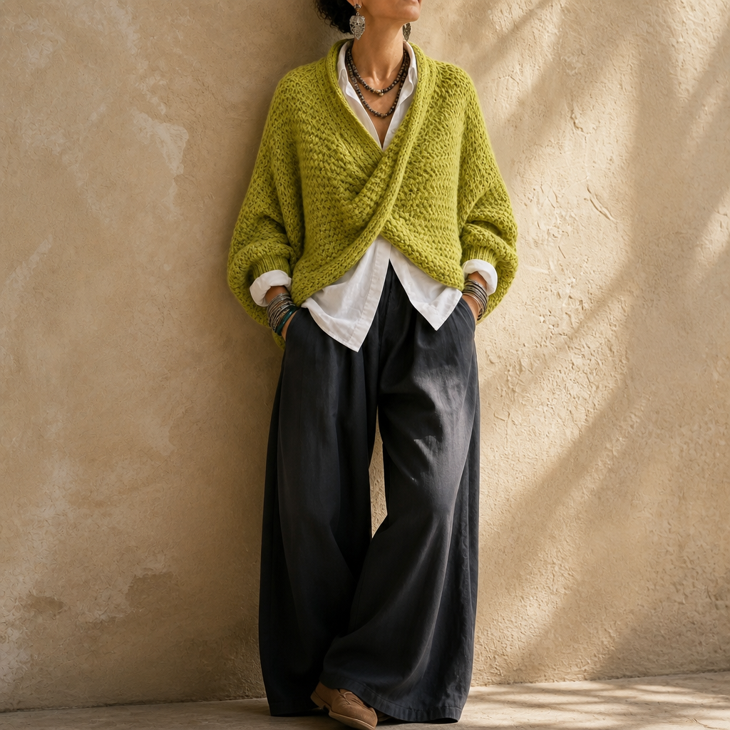 Chunky Knit Crossover V-Ausschnitt Pullover