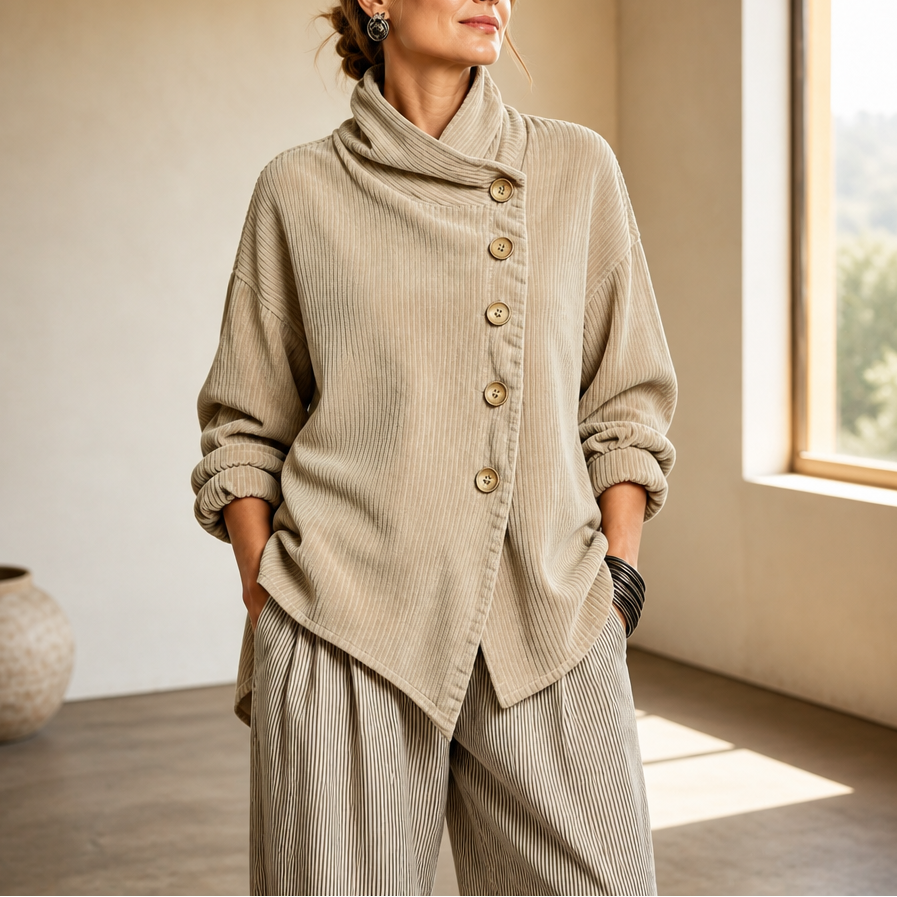 Funnel Collar Asymmetrisches Cord-Top mit Knopfleiste