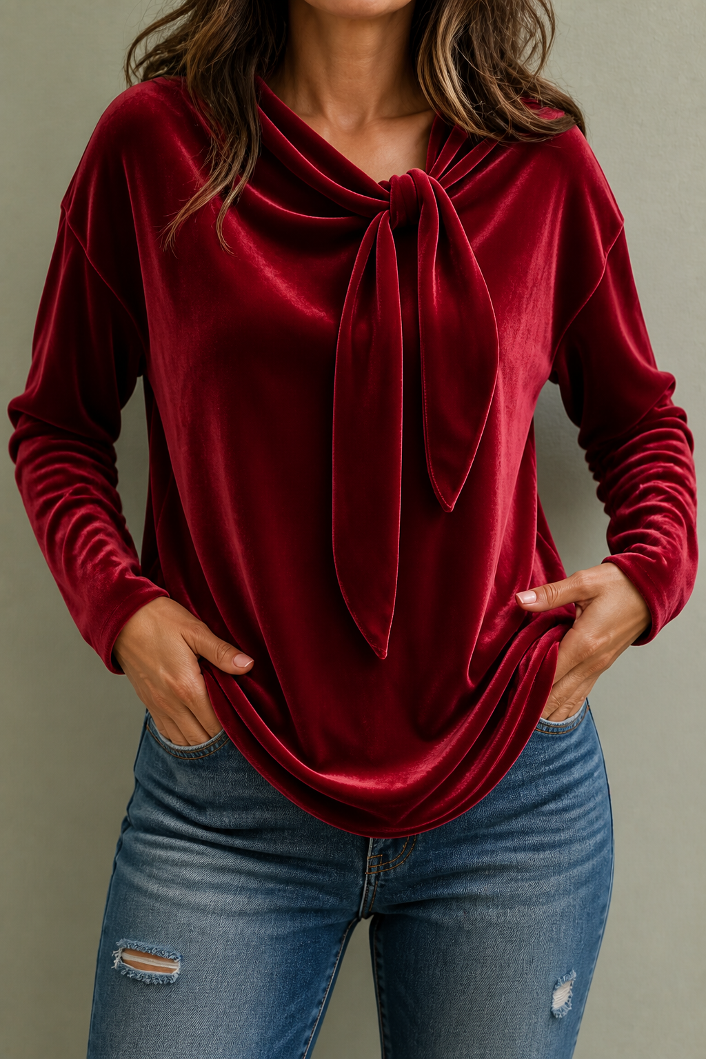 Samt-Bluse mit Schleifenkragen in entspannter Passform