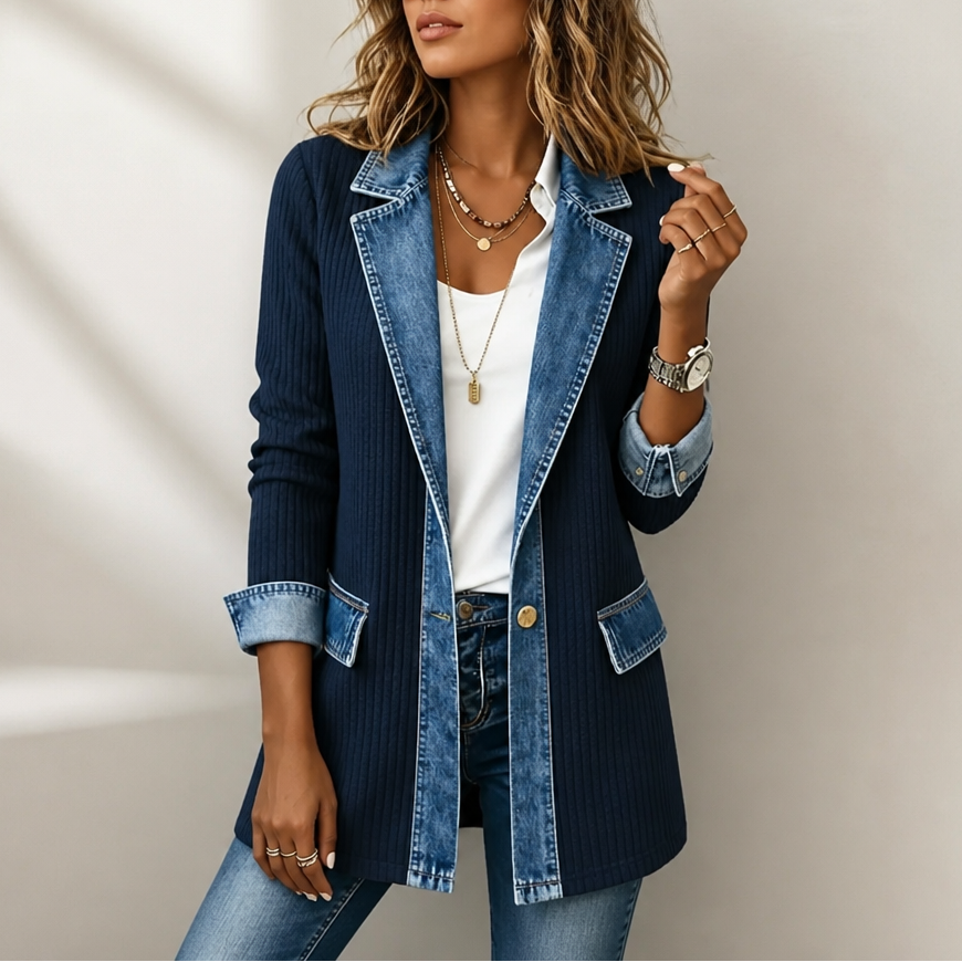 Gerippter Strickmantel mit Denim-Einsätzen