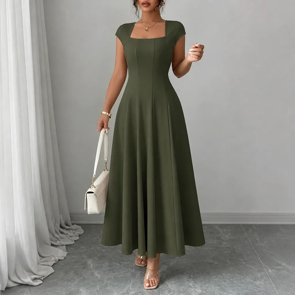 Quadratisches Ausschnitt A-Linien-Midikleid mit geformter Taille