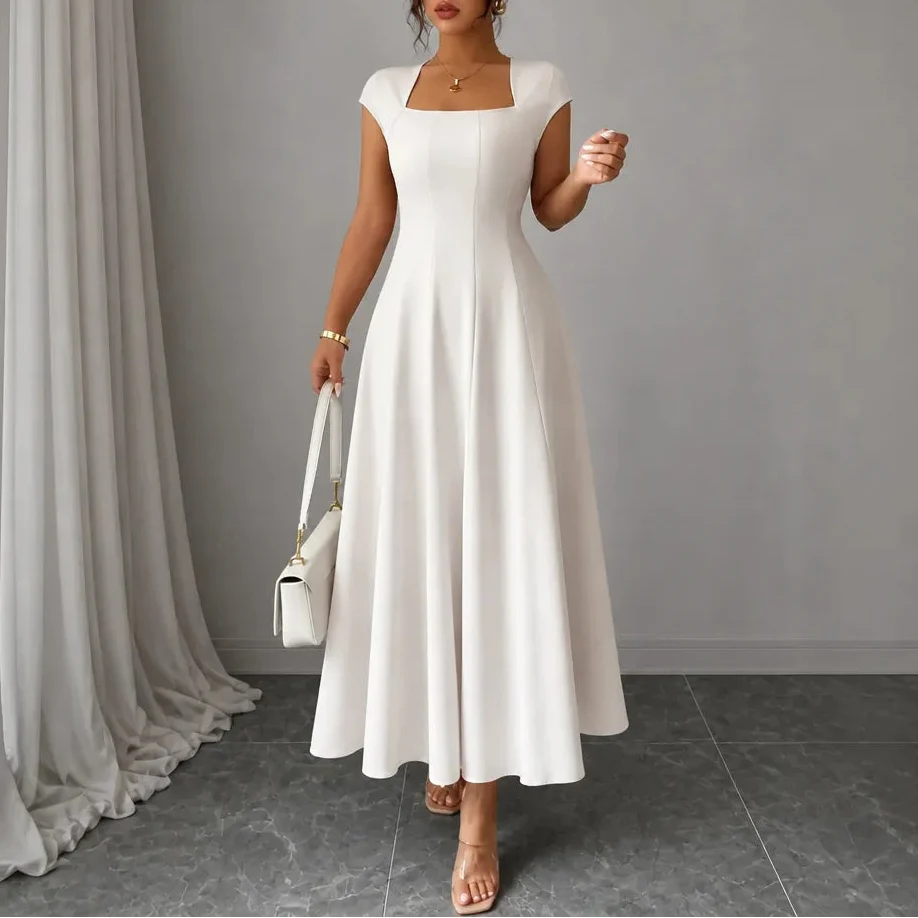 Quadratisches Ausschnitt A-Linien-Midikleid mit geformter Taille
