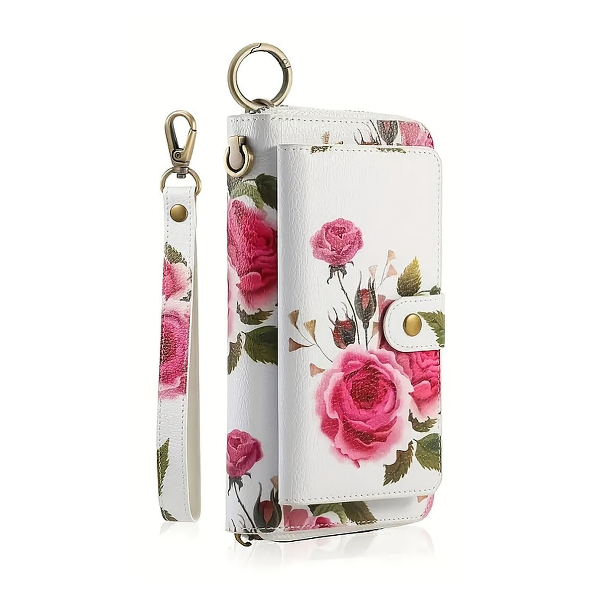 Lange Geldbörse mit Blumen-Rosendruck, Kartenfächern und Handyfach