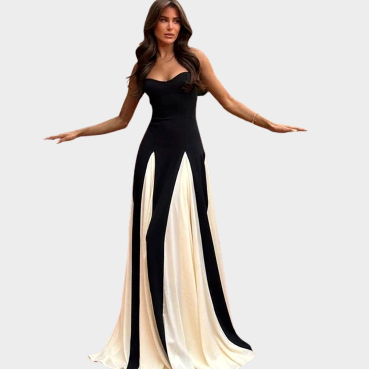 Damen Formelles Maxi-Kleid mit Herzausschnitt und zweifarbigem ausgestelltem Rock