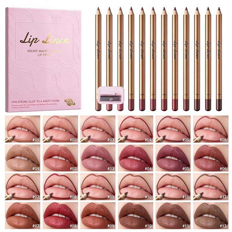 12-teiliges mattes Lipliner-Set mit Anspitzer, blendbare Lippenkonturenstifte