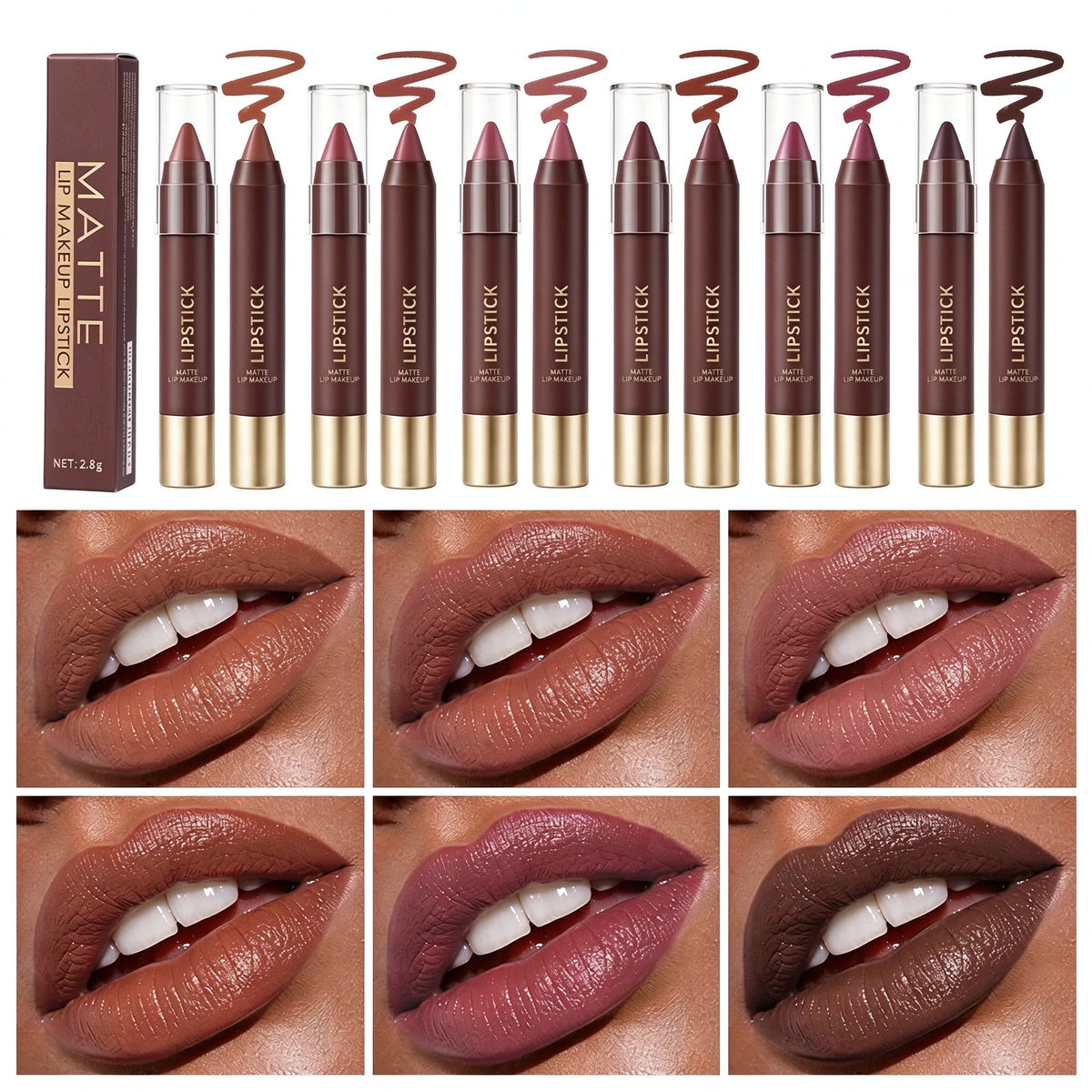 6er-Set langanhaltender matter brauner Lippenstift