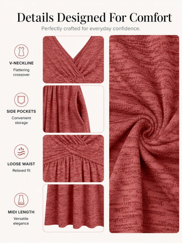 Wickelkleid mit Bindeband in der Taille und Taschen, Midi-Länge