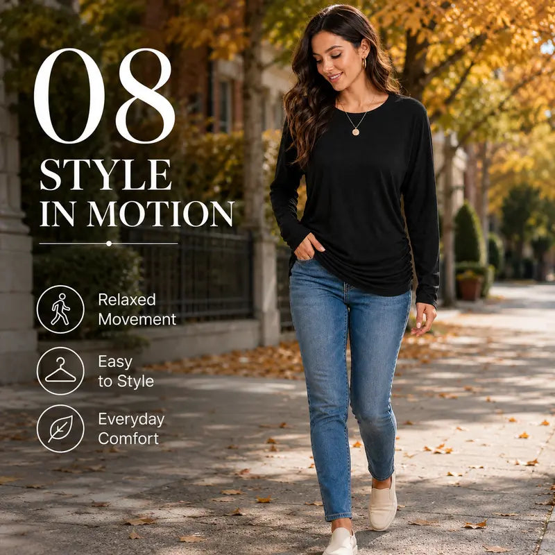 Damen Langarmshirt mit gerafftem Saum Herbst Oberteil Leichter Pullover