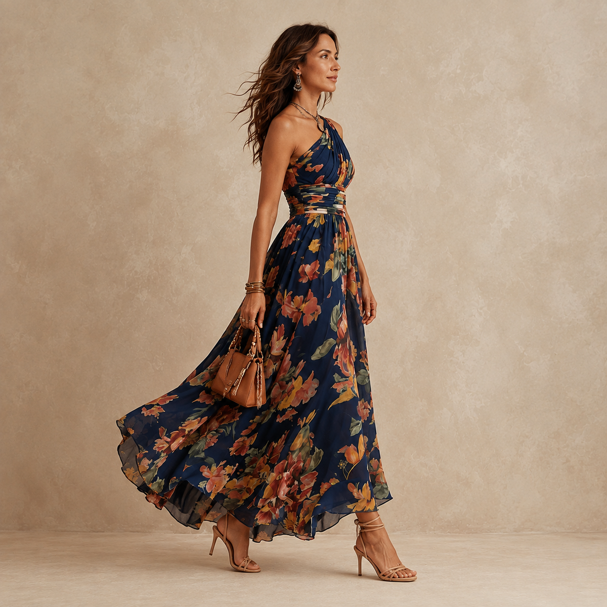 Schulterfreies Blumen-Maxikleid