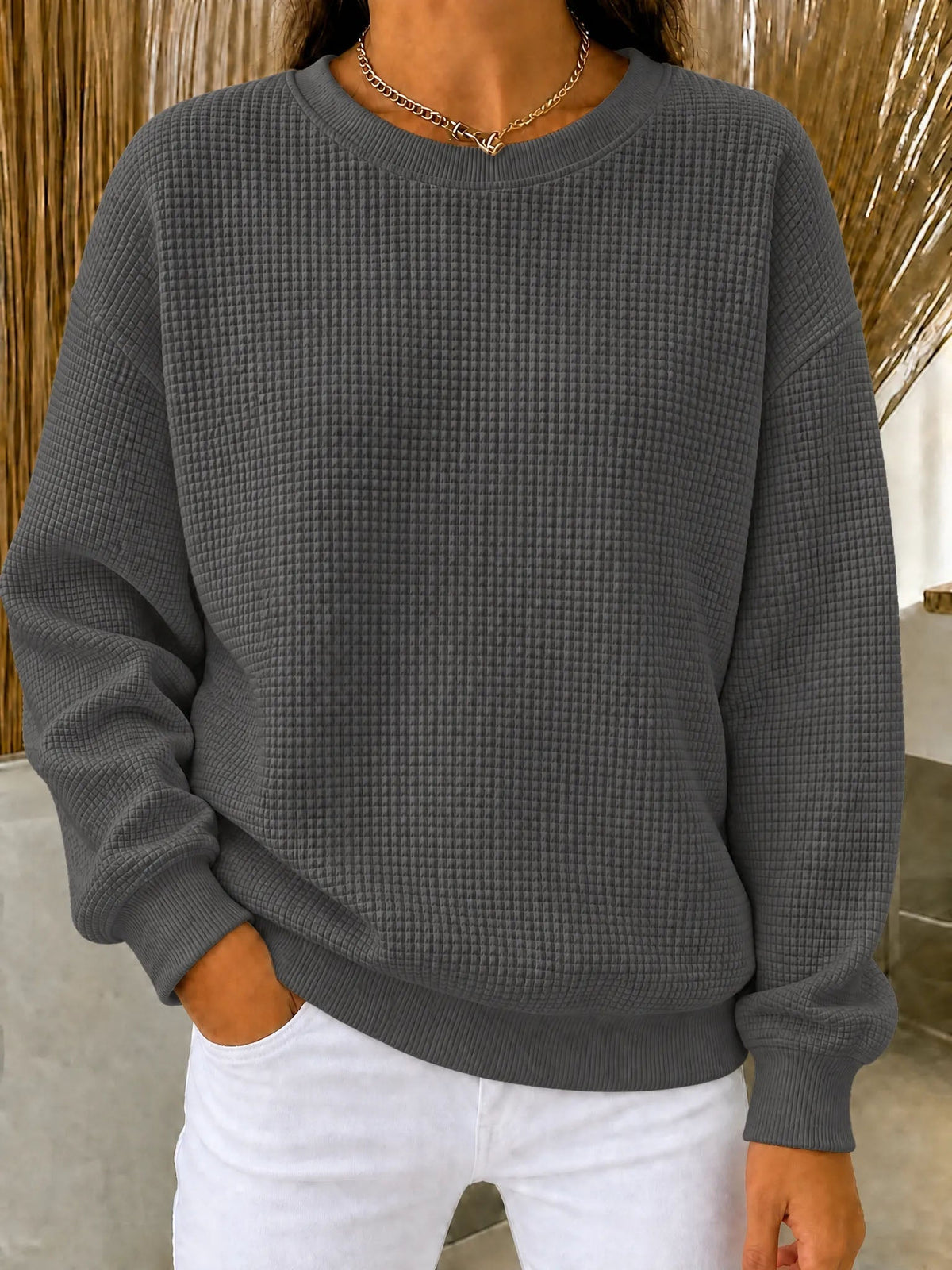 Damen Waffelstrick Rundhals Sweatshirt