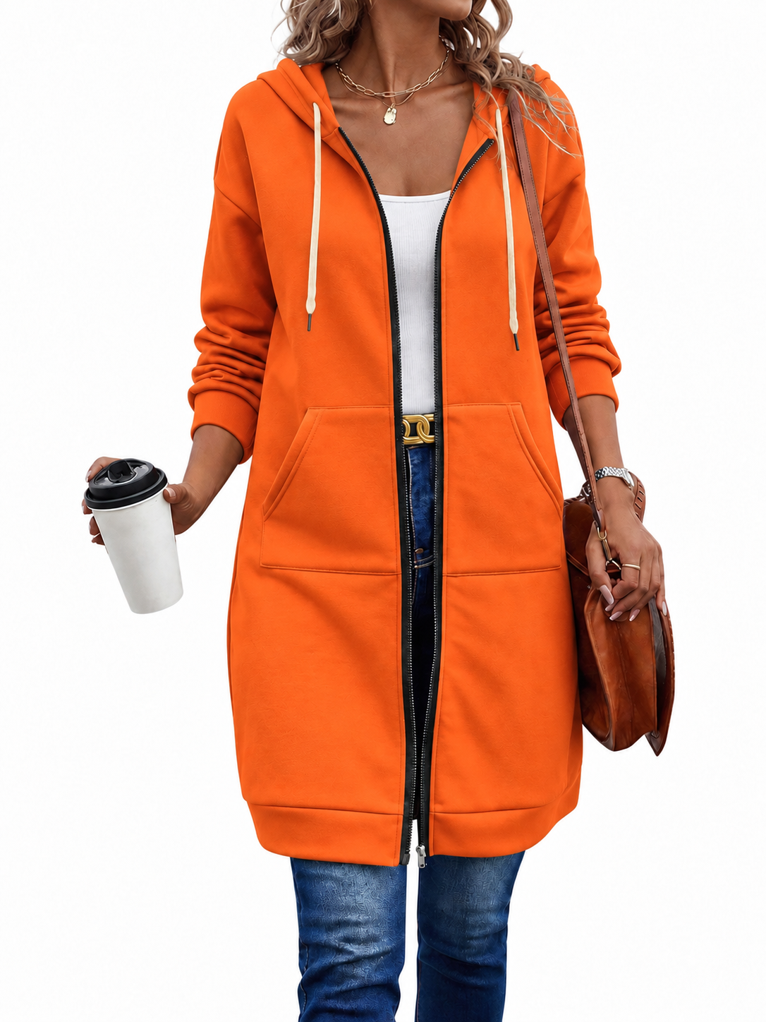 Langer Zip-Hoodie mit Kapuzenkordel