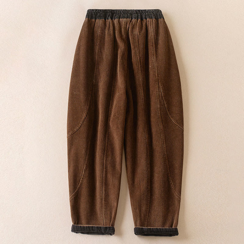 Cord-Baumwoll-Haremshose für Damen mit Farbkontrast, Thermo-Fleecefutter und Taschen