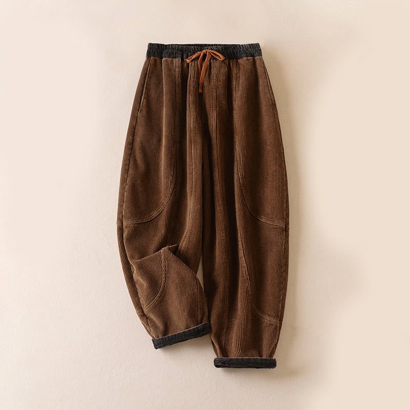 Cord-Baumwoll-Haremshose für Damen mit Farbkontrast, Thermo-Fleecefutter und Taschen