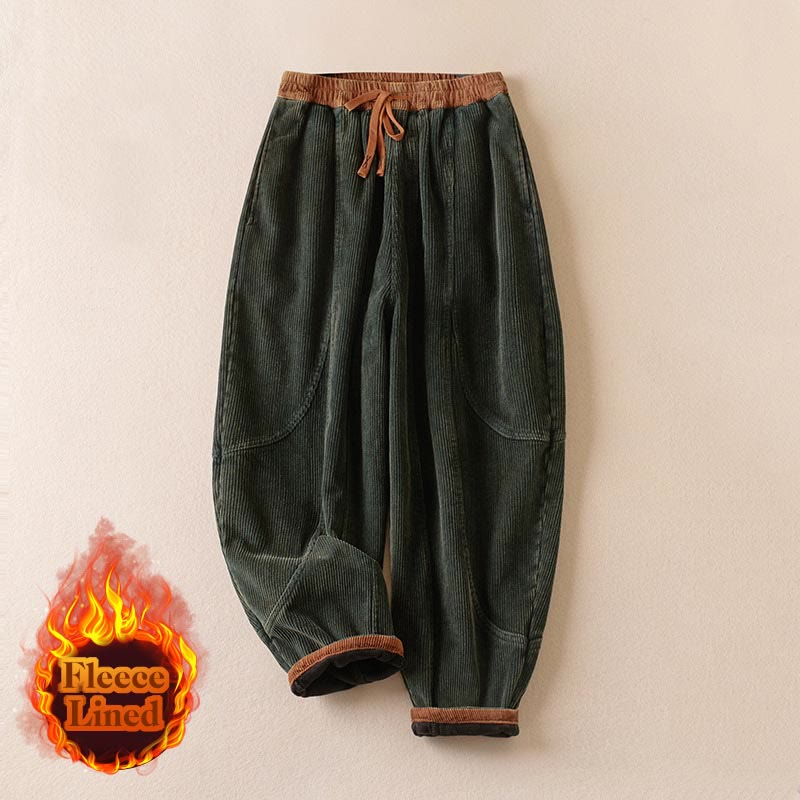 Cord-Baumwoll-Haremshose für Damen mit Farbkontrast, Thermo-Fleecefutter und Taschen