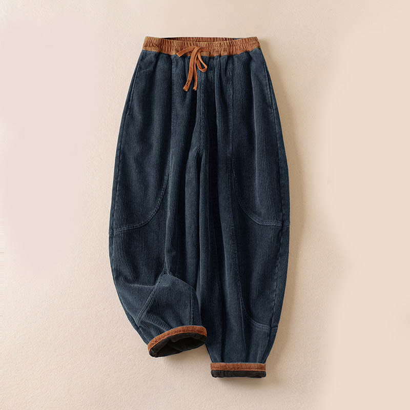 Cord-Baumwoll-Haremshose für Damen mit Farbkontrast, Thermo-Fleecefutter und Taschen