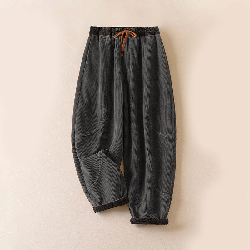 Cord-Baumwoll-Haremshose für Damen mit Farbkontrast, Thermo-Fleecefutter und Taschen