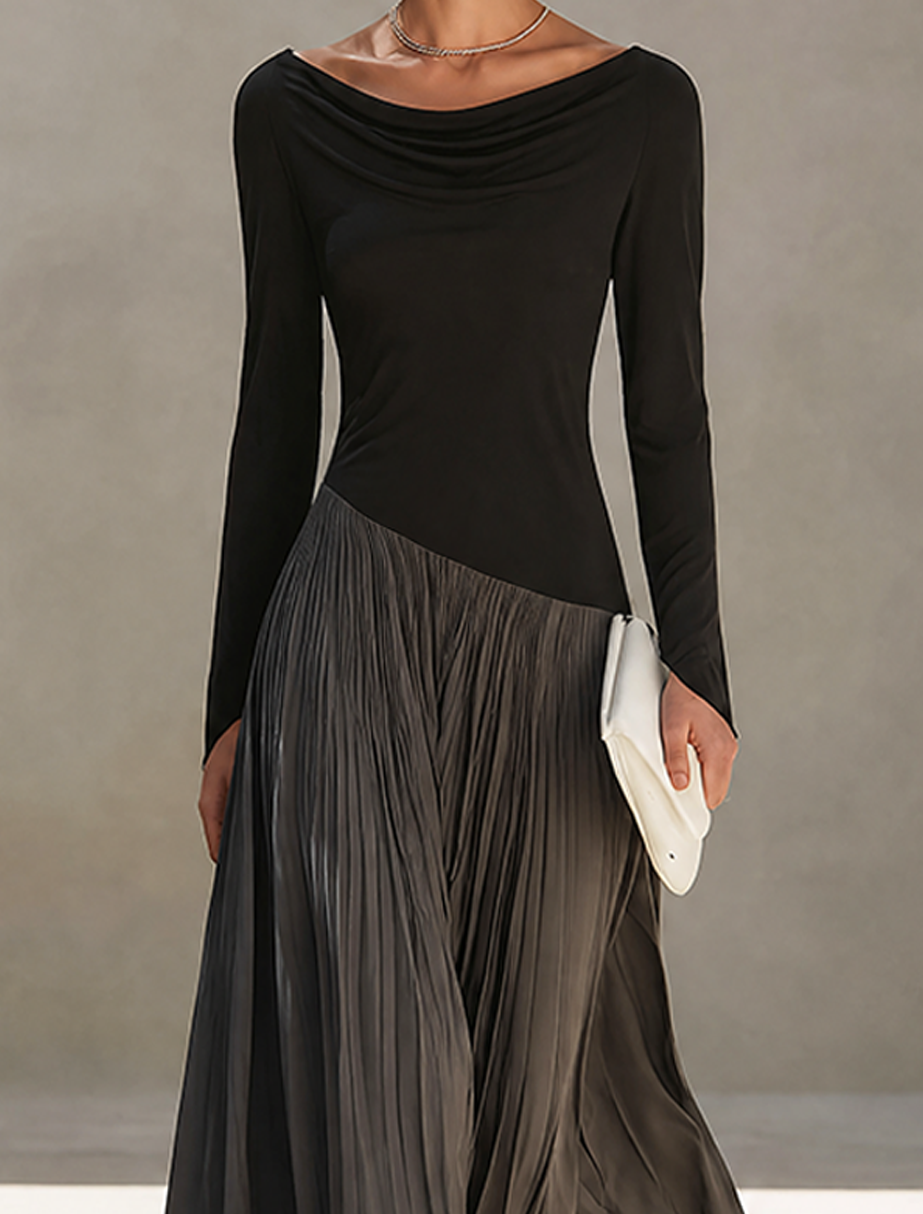 Minimalistisches Damen-Maxikleid in Zweifarbigem Color-Block-Design mit Drapiertem Ausschnitt