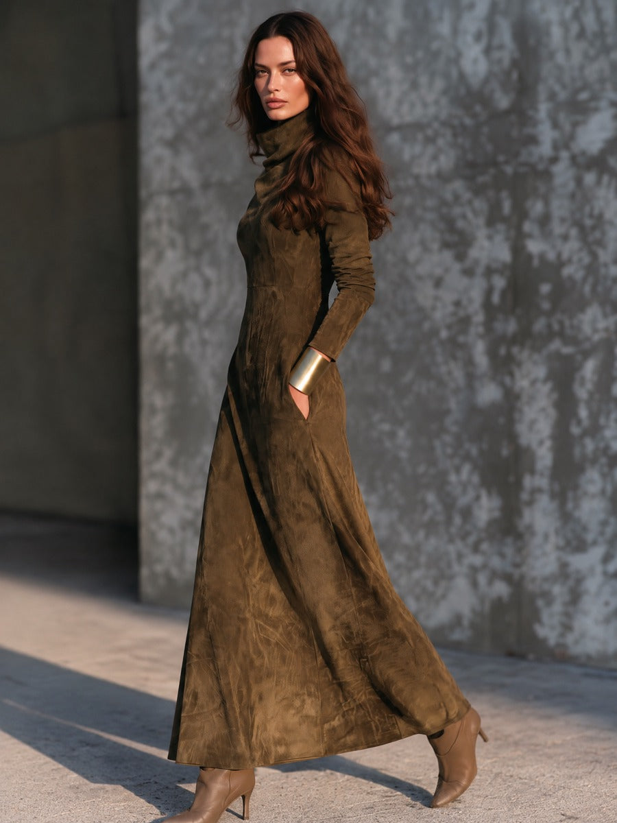 Damen Vintage-Maxikleid aus Wildlederimitat mit Stehkragen