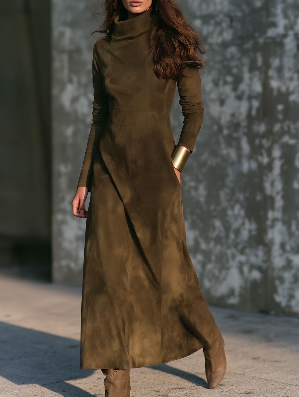 Damen Vintage-Maxikleid aus Wildlederimitat mit Stehkragen