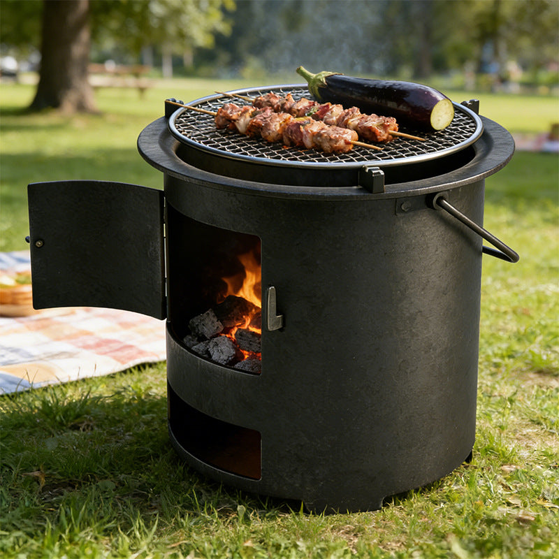 Robuster Tragbarer Holz- und Kohle-Campingkocher – Hocheffizienter Bodenzug-Luftstrom für Raucharme Verbrennung, Verstärkter Verformungsresistenter Kohlenstoffstahl & Vielseitiger 3-in-1 Kochen Grille