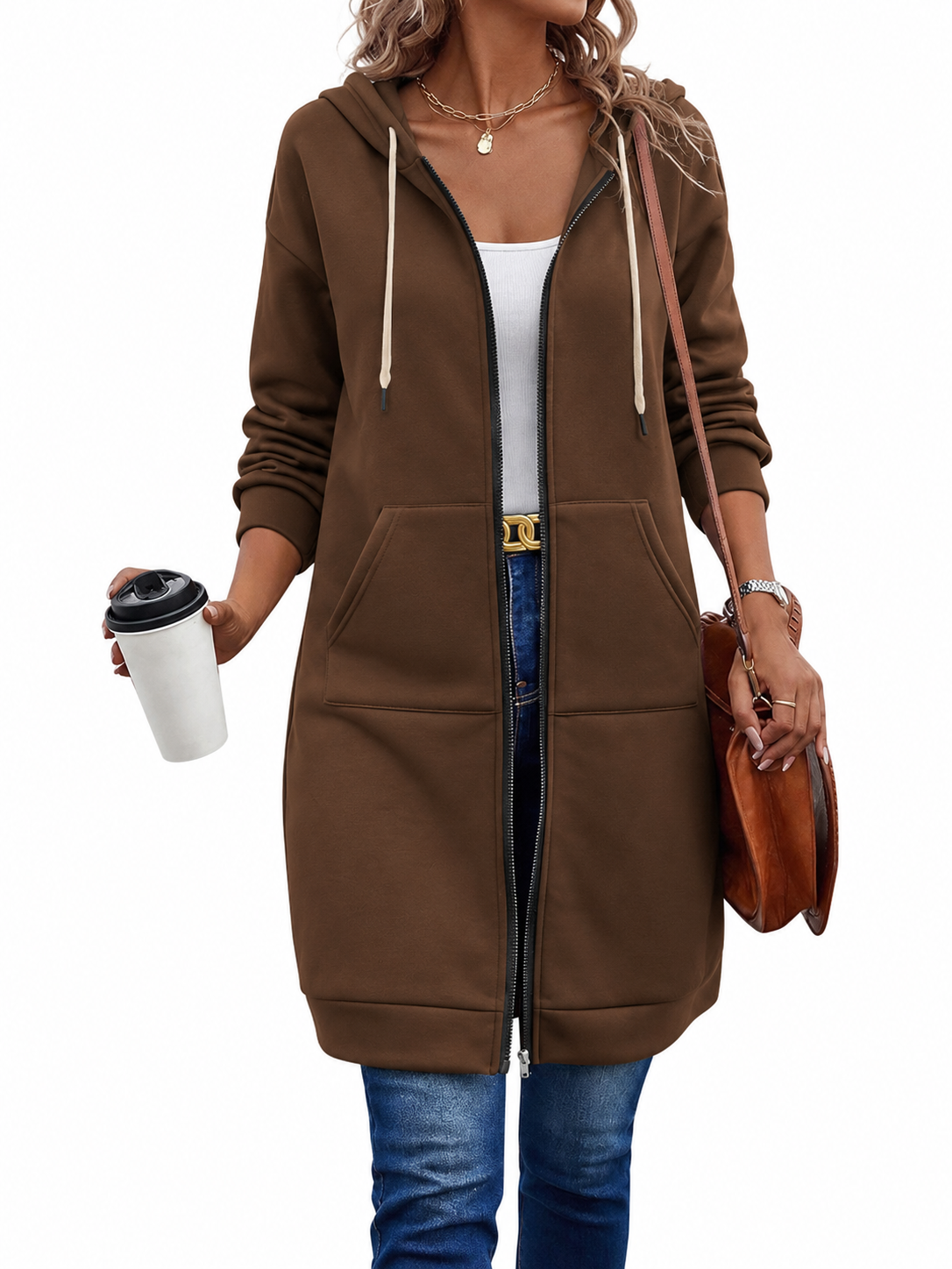 Langer Zip-Hoodie mit Kapuzenkordel