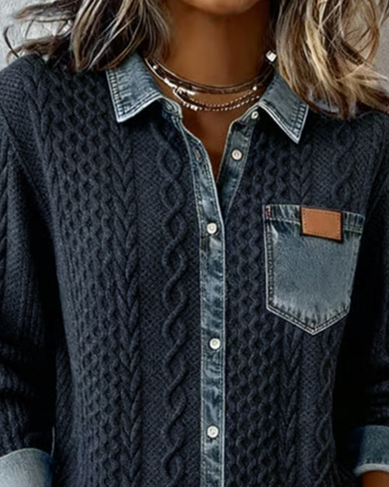 Damen-Cardigan aus Zopfstrick mit Denim-Details