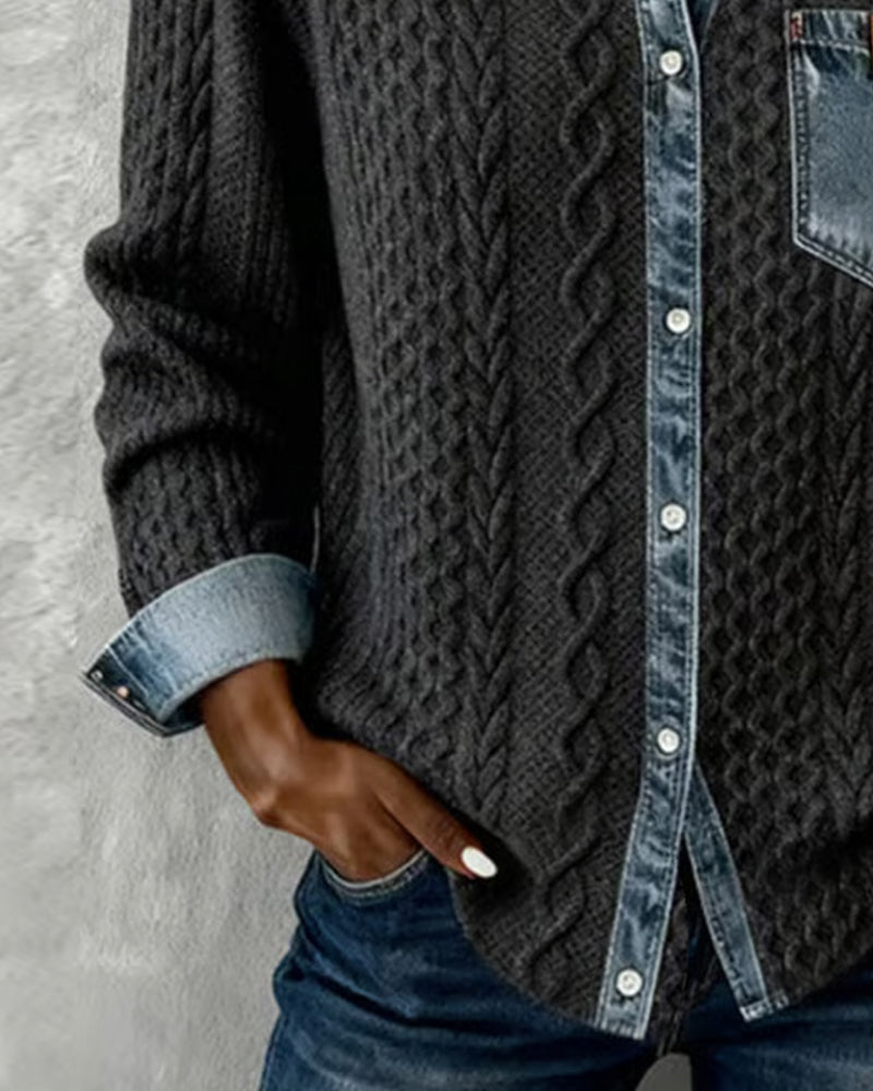 Damen-Cardigan aus Zopfstrick mit Denim-Details
