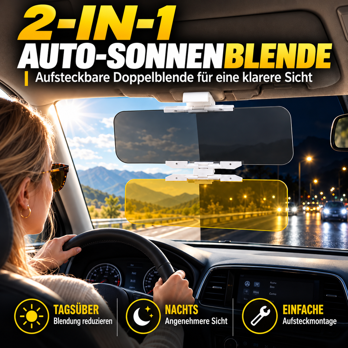 Universelle HD-Antiblend-Sonnenblende fürs Auto – Tag und Nacht