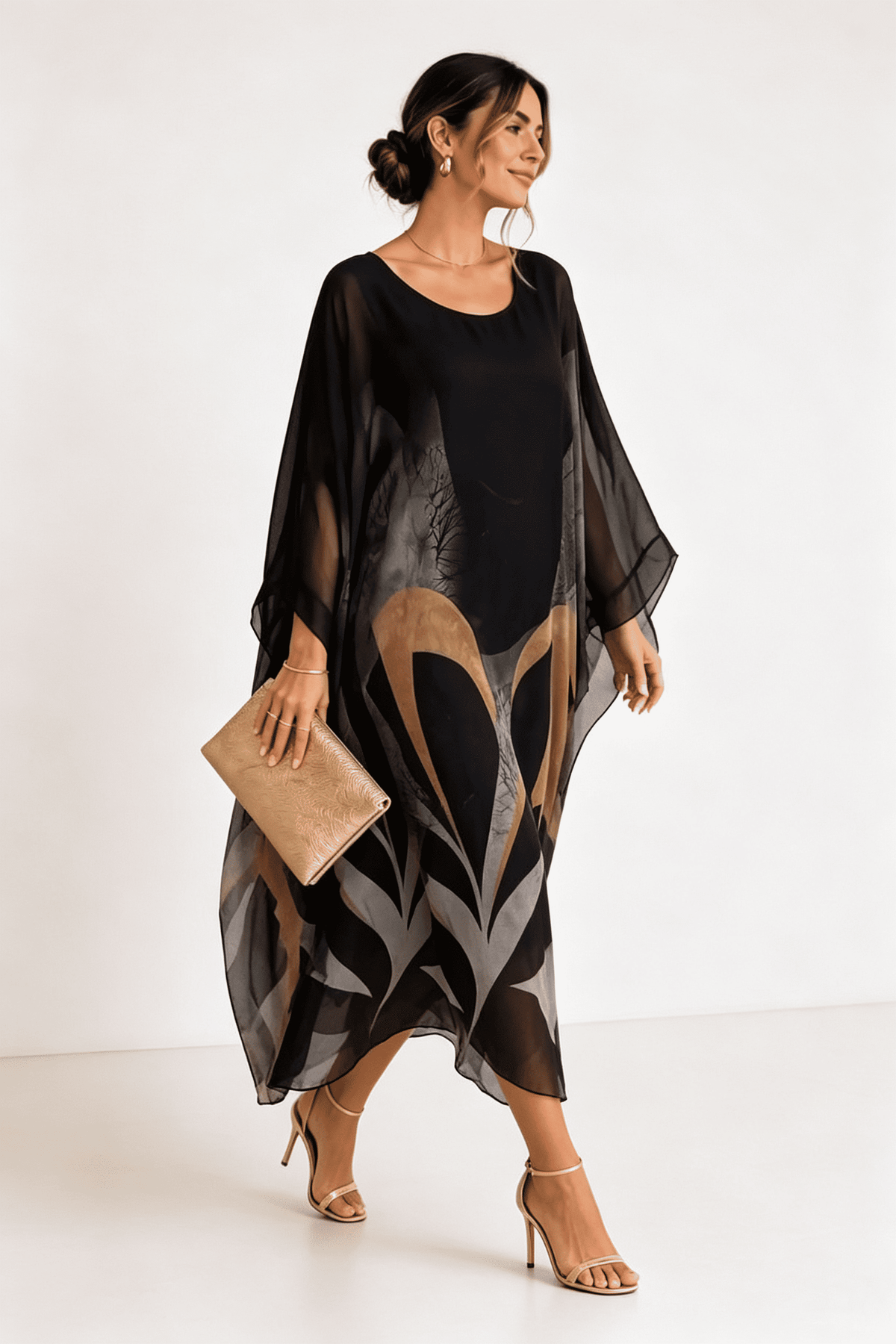 Schwarz-Grau-Gold Bedrucktes Kaftan Maxikleid