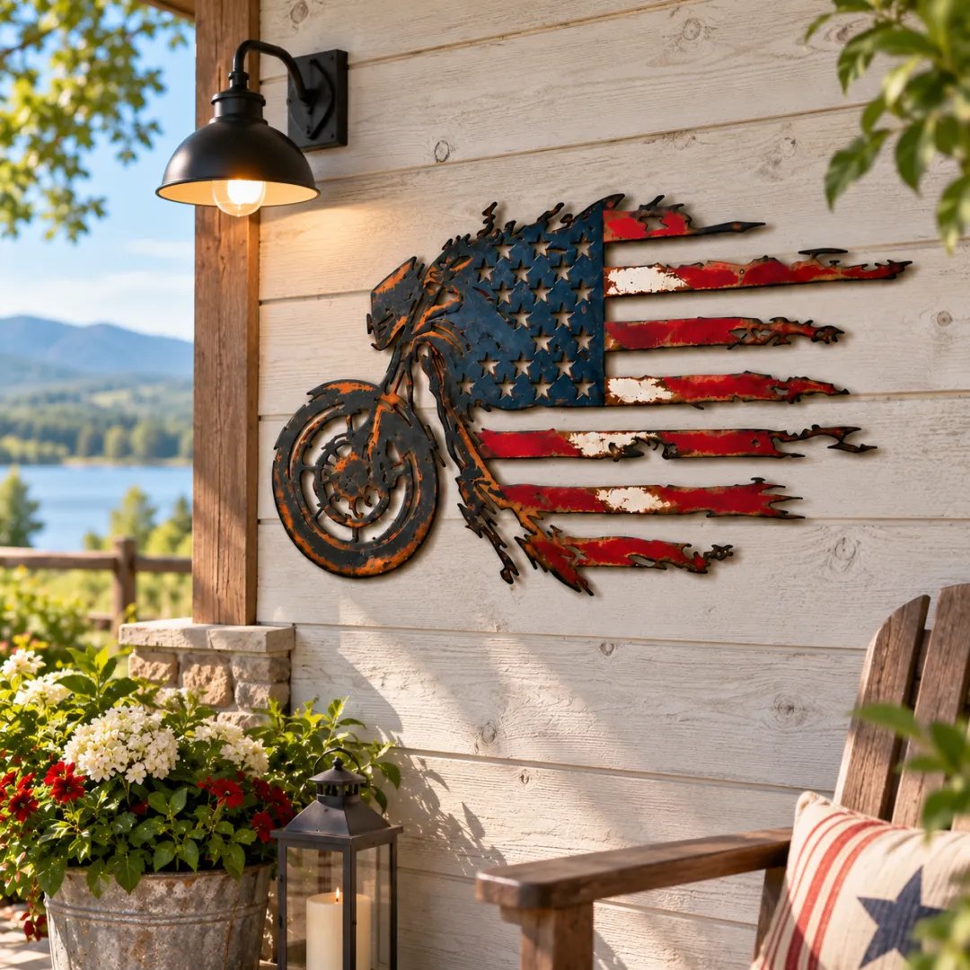 Vintage American Flag Motorrad Metall Wandkunst