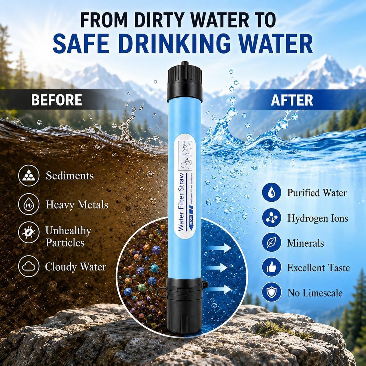 Schwerkraft-Wasserfilter mit 0,01 Mikron Membran, Arbeitsplatten-Filterung, für Camping & Notfälle zu Hause, 1,5L, tragbar
